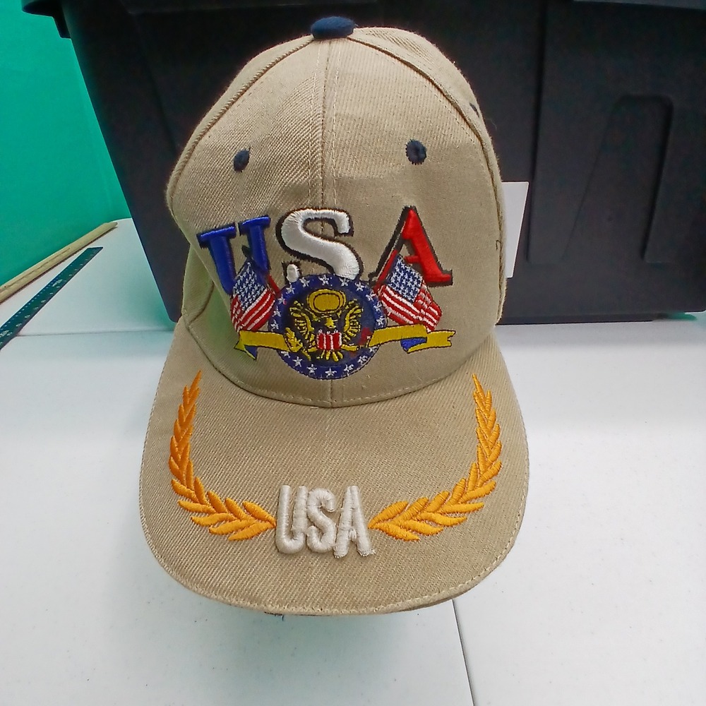 USA Baseball Cap OS Tan Patriotic Eagle Flag Americana Dad Hat